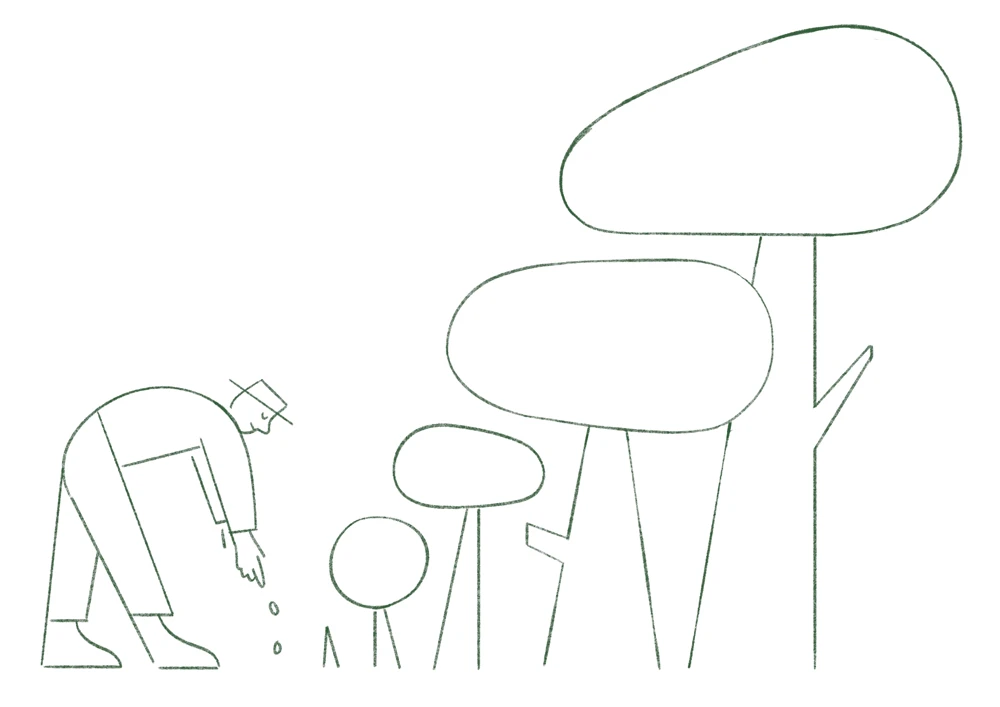 Иллюстрация человека рядом с деревьями.